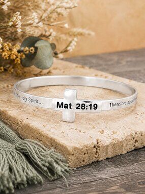 Silver Cross Cuff Bangle Bracelet Matthew 28:19 Scripture Christian Faith NWT